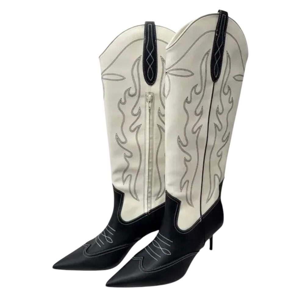 INC Women's Hayleigh Mid Stiletto Heel Cowboy Boots Black White Size 6 1/2 - Picture 3 of 5